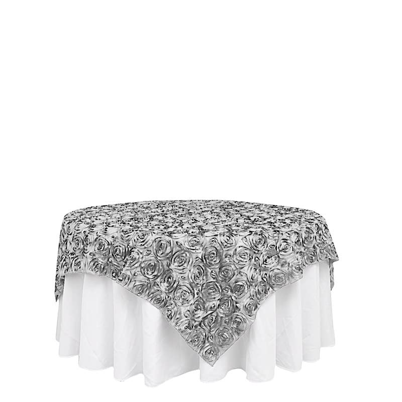 Balsacircle 72X72-Inch Silver Raised Roses Table Overlays - Wedding Reception Party Catering Table Linens Decorations
